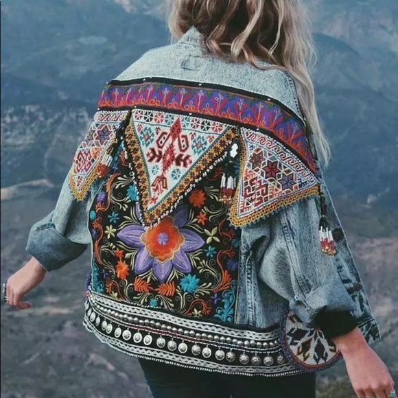 Boho floral embroidered tribal denim jean jacket - Picture 2 of 5